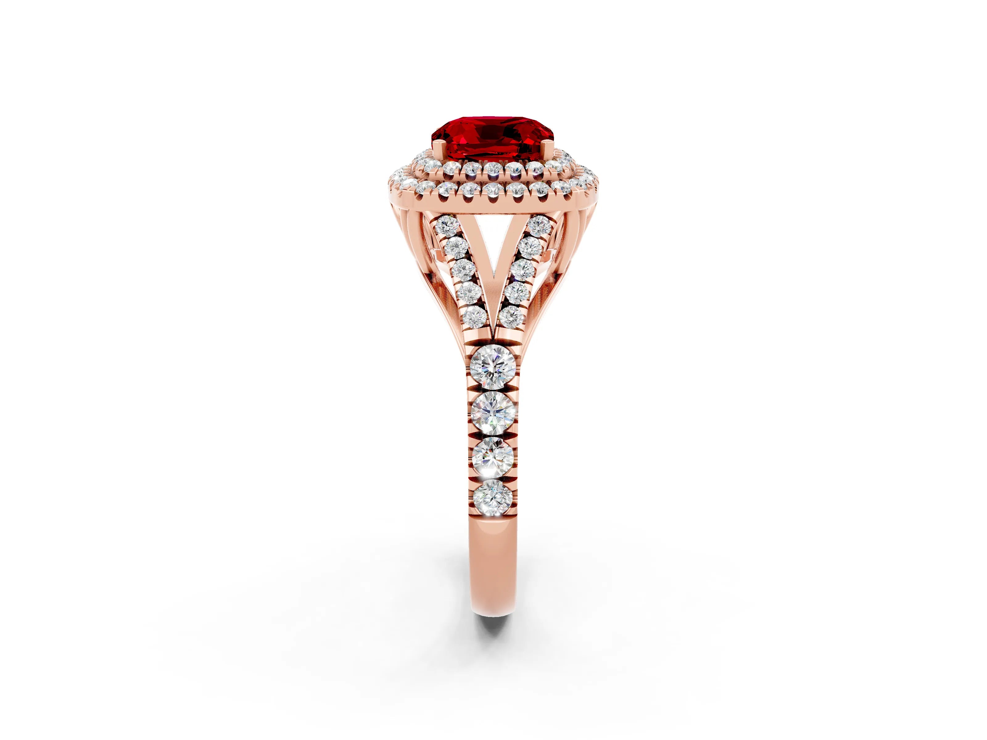 Rose gold Double Halo Cushion Cut Ruby Pavé Split Shank Ring with Prong Setting_2
