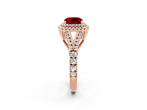 Rose gold Double Halo Cushion Cut Ruby Pavé Split Shank Ring with Prong Setting