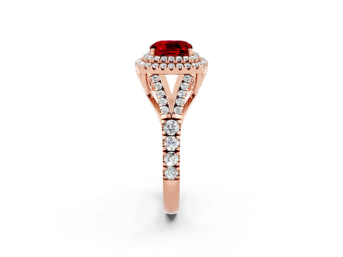 Rose gold Double Halo Cushion Cut Ruby Pavé Split Shank Ring with Prong Setting_2