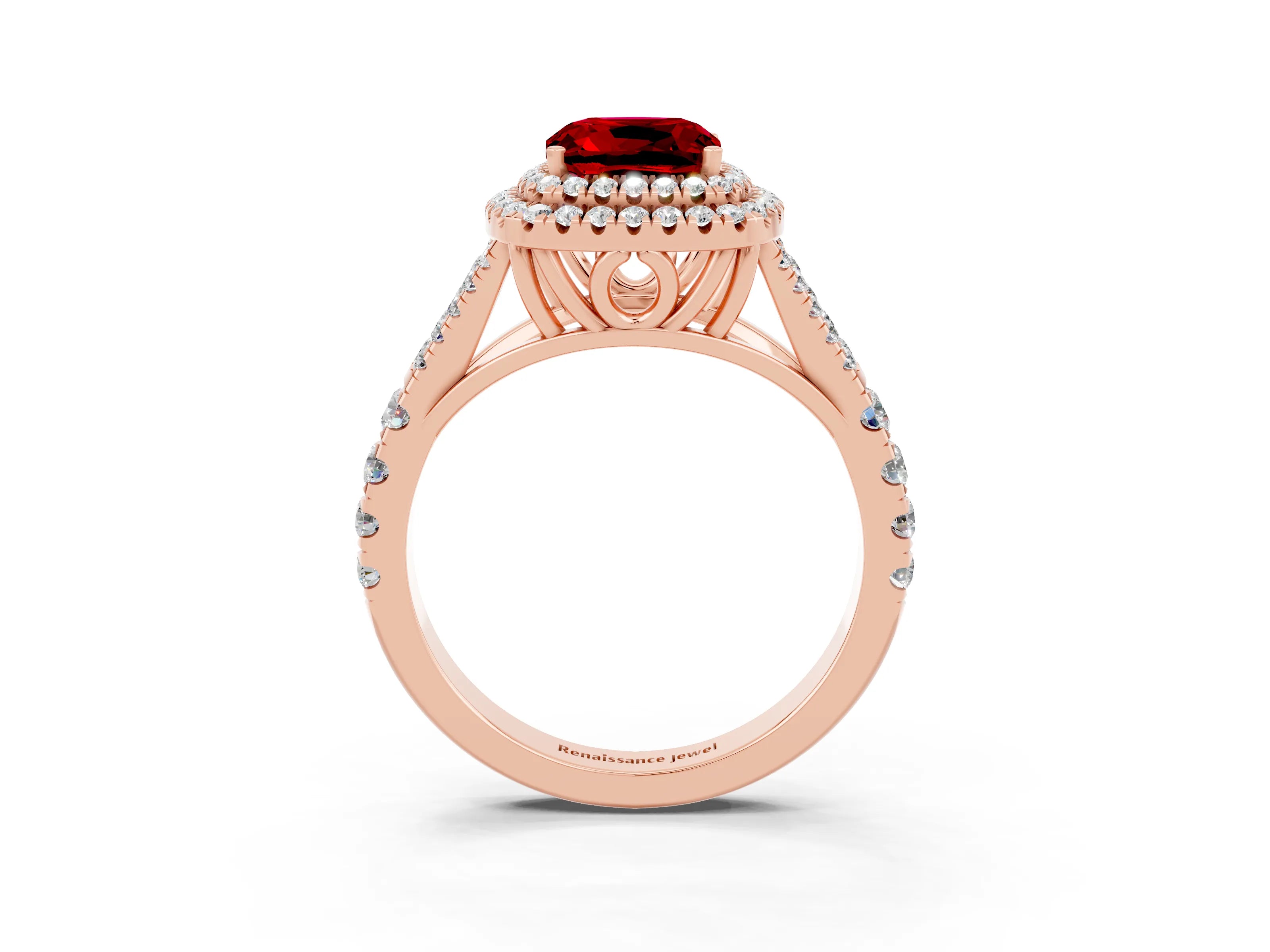Rose gold Double Halo Cushion Cut Ruby Pavé Split Shank Ring with Prong Setting_3