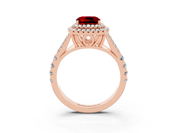 Rose gold Double Halo Cushion Cut Ruby Pavé Split Shank Ring with Prong Setting