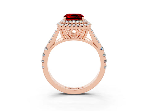 Rose gold Double Halo Cushion Cut Ruby Pavé Split Shank Ring with Prong Setting_3
