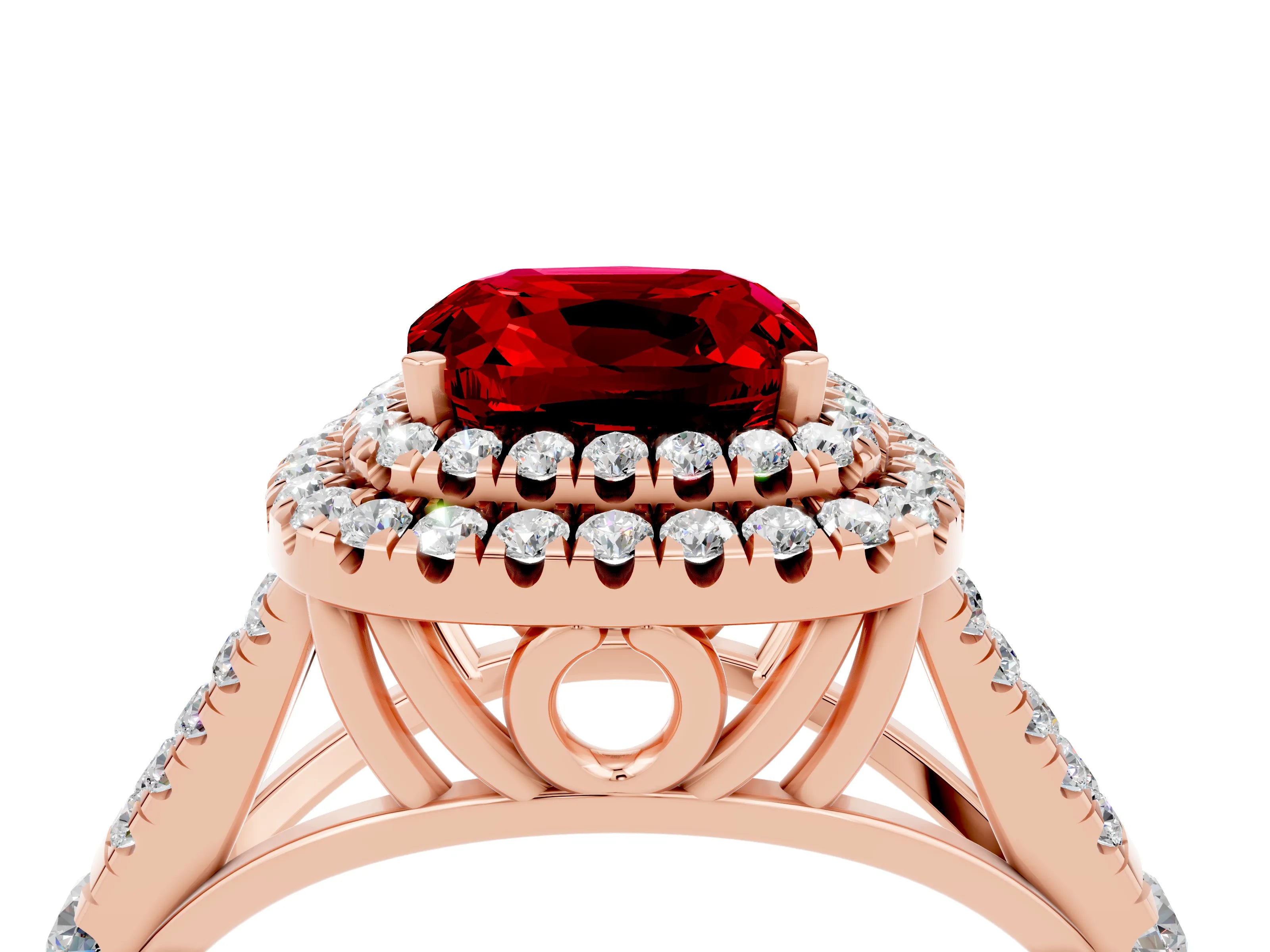 Rose gold Double Halo Cushion Cut Ruby Pavé Split Shank Ring with Prong Setting_4