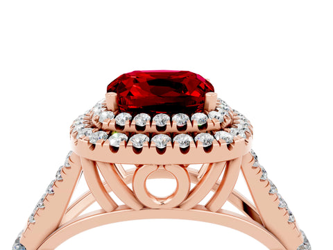 Rose gold Double Halo Cushion Cut Ruby Pavé Split Shank Ring with Prong Setting_4