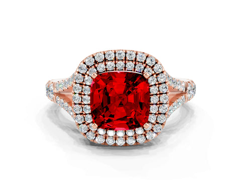 Rose gold Double Halo Cushion Cut Ruby Pavé Split Shank Ring with Prong Setting