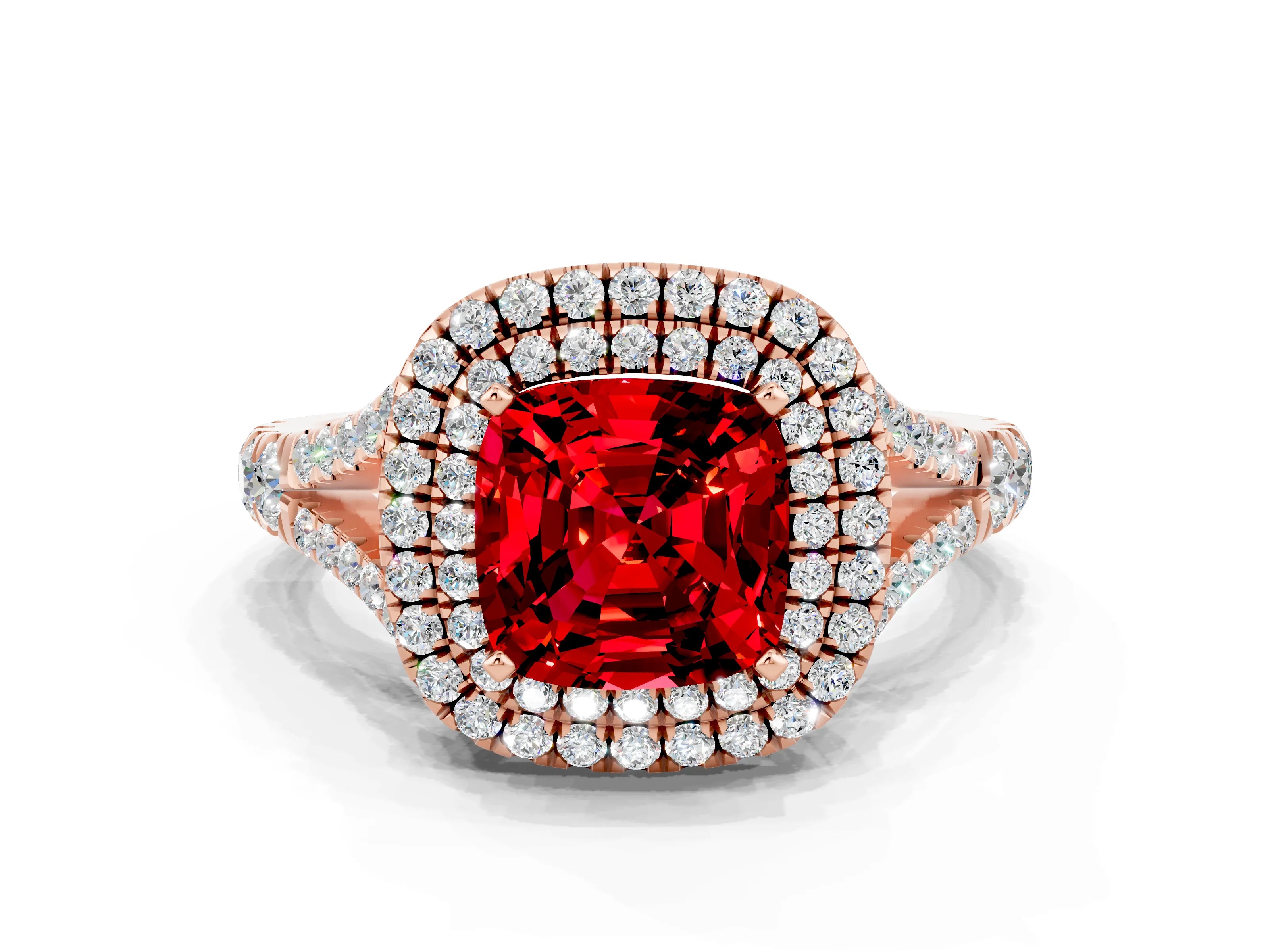 Rose gold Double Halo Cushion Cut Ruby Split Shank Engagement Ring with Four-Prong Setting