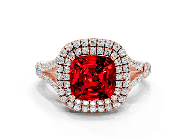 Rose gold Double Halo Cushion Cut Ruby Split Shank Engagement Ring with Four-Prong Setting