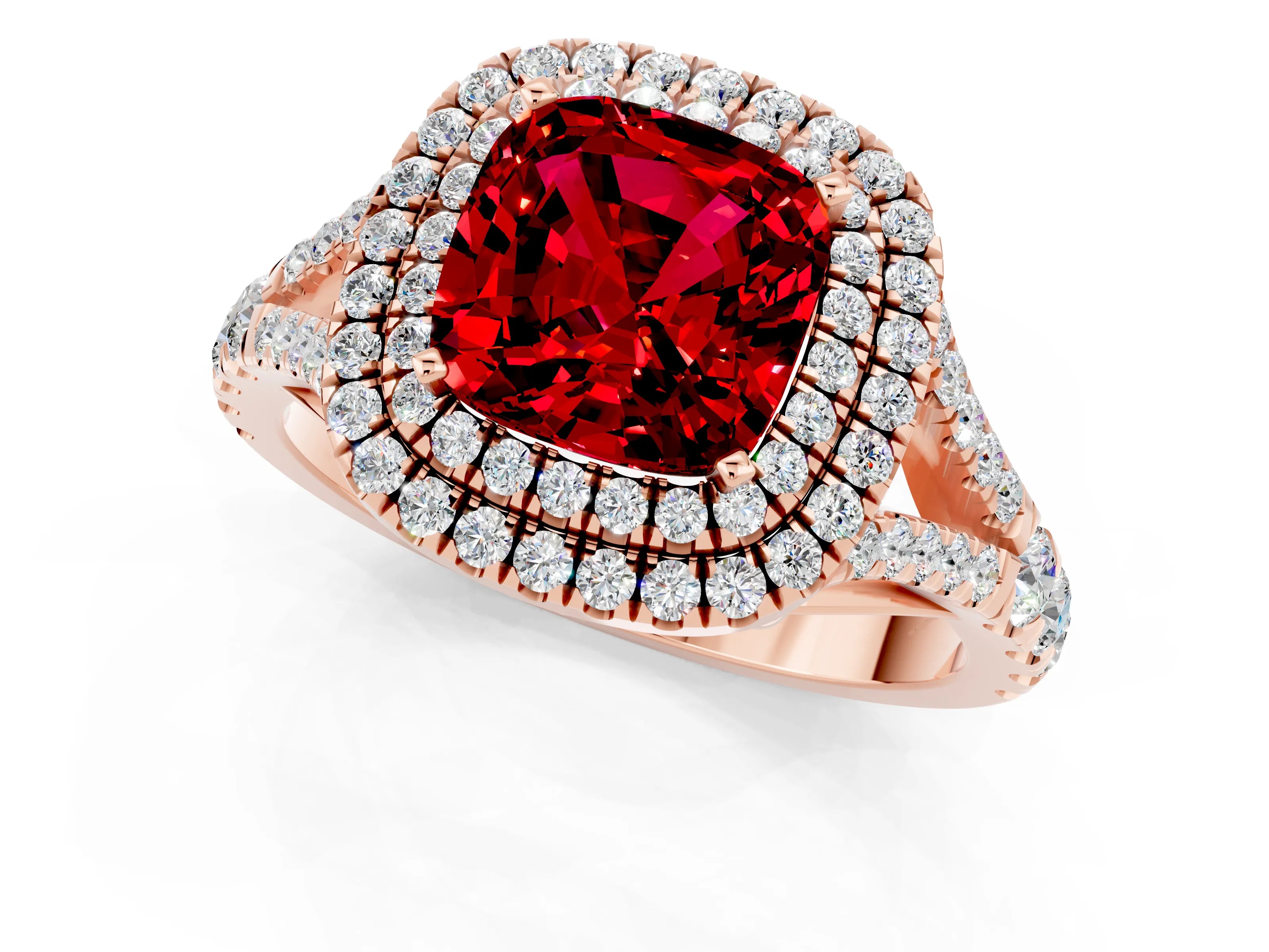 Rose gold Double Halo Cushion Cut Ruby Split Shank Engagement Ring with Four-Prong Setting_1