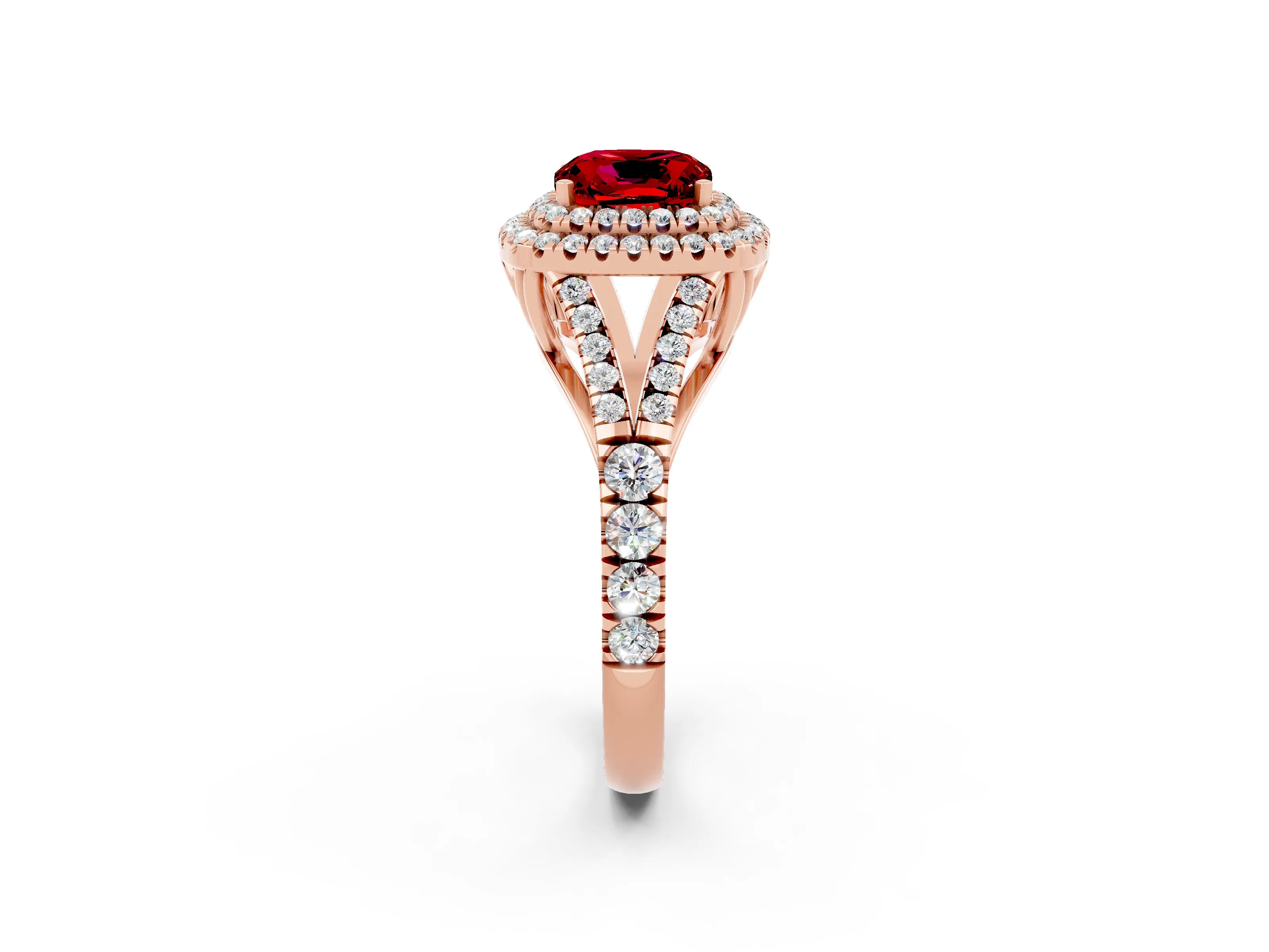 Rose gold Double Halo Cushion Cut Ruby Split Shank Engagement Ring with Four-Prong Setting_2