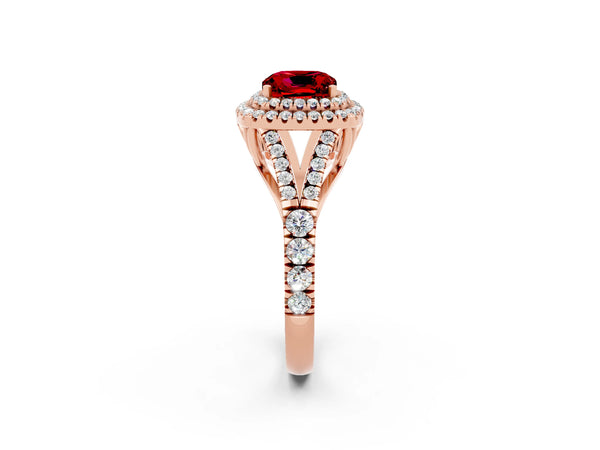 Rose gold Double Halo Cushion Cut Ruby Split Shank Engagement Ring with Four-Prong Setting