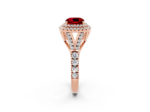 Rose gold Double Halo Cushion Cut Ruby Split Shank Engagement Ring with Four-Prong Setting_2