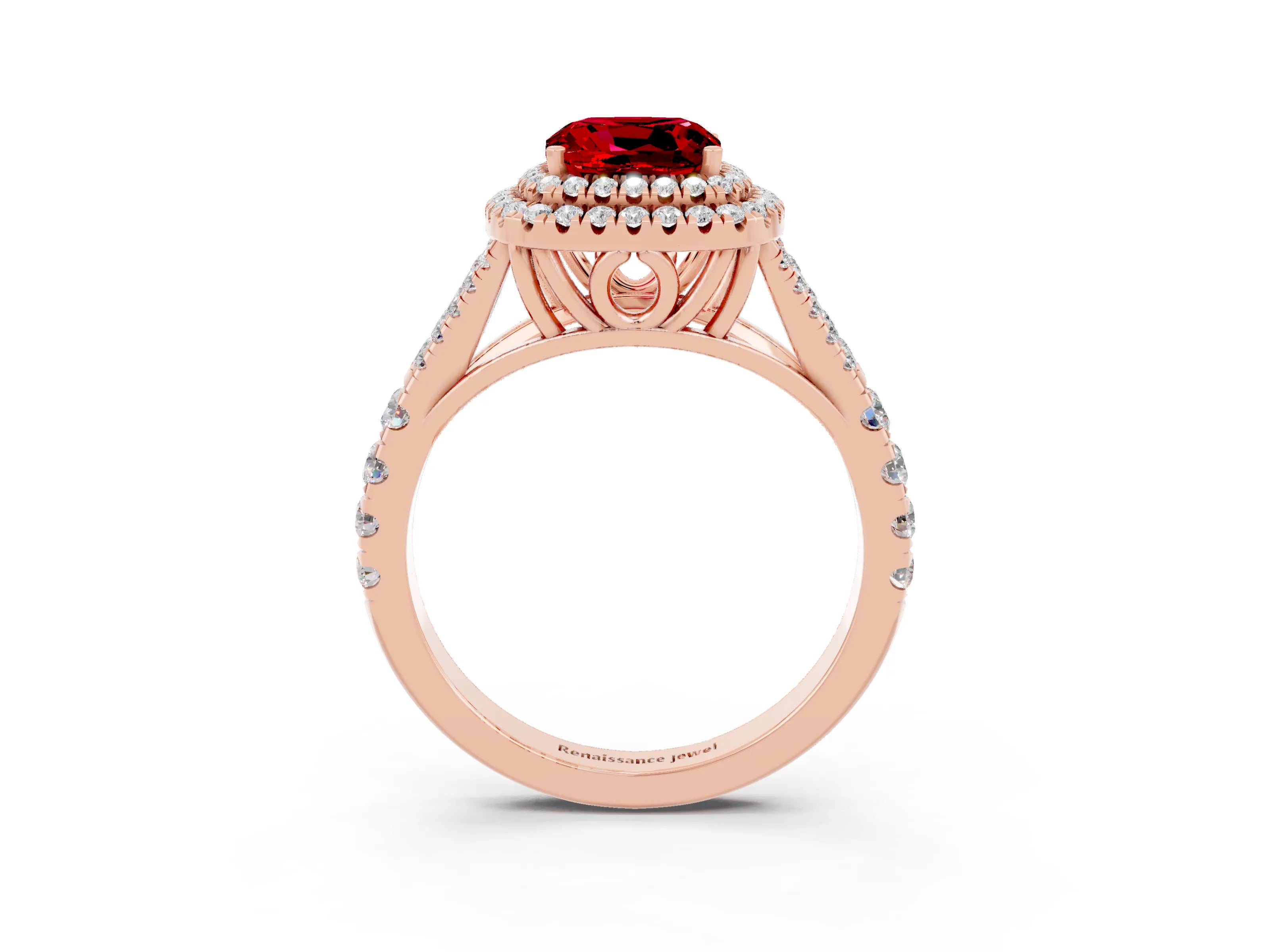 Rose gold Double Halo Cushion Cut Ruby Split Shank Engagement Ring with Four-Prong Setting_3