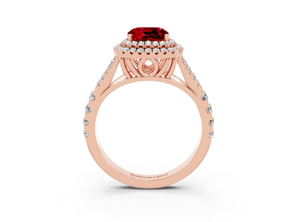 Rose gold Double Halo Cushion Cut Ruby Split Shank Engagement Ring with Four-Prong Setting