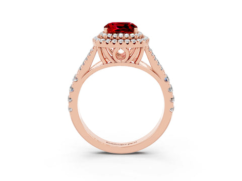 Rose gold Double Halo Cushion Cut Ruby Split Shank Engagement Ring with Four-Prong Setting_3