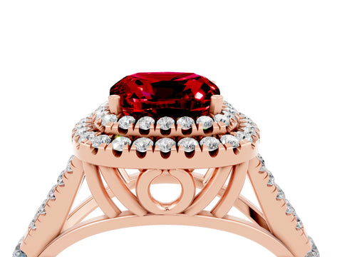 Rose gold Double Halo Cushion Cut Ruby Split Shank Engagement Ring with Four-Prong Setting_4