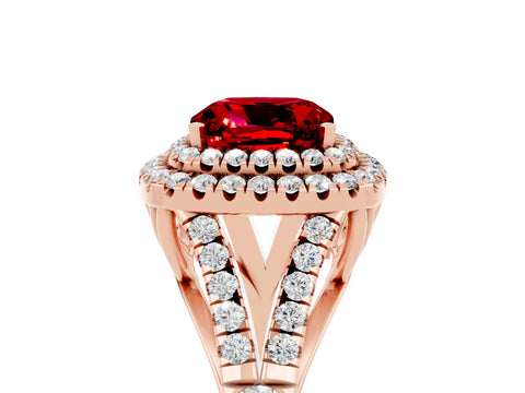 Rose gold Double Halo Cushion Cut Ruby Split Shank Engagement Ring with Four-Prong Setting_5