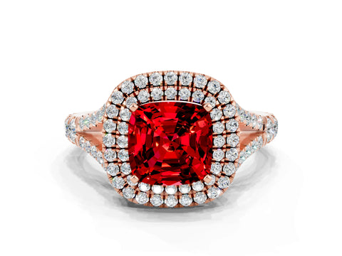 Rose gold Double Halo Cushion Cut Ruby Split Shank Engagement Ring with Four-Prong Setting