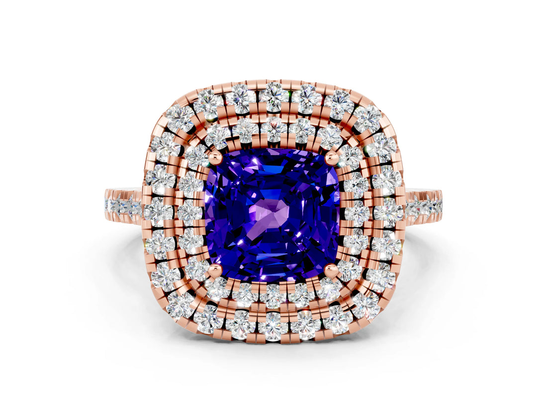 Rose gold Double Halo Cushion Cut Tanzanite Pavé Band with Four-Prong Setting