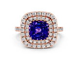 Rose gold Double Halo Cushion Cut Tanzanite Pavé Band with Four-Prong Setting