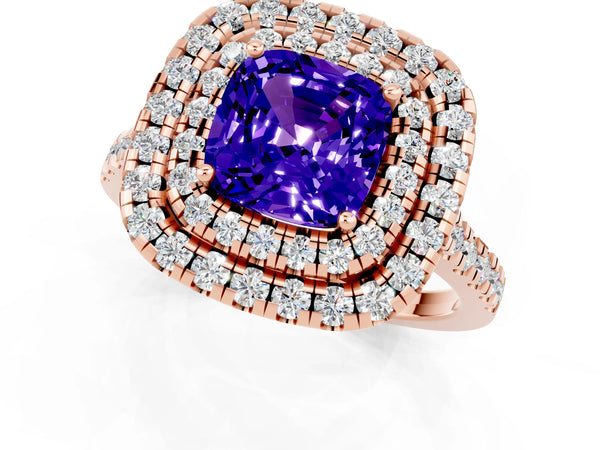 Rose gold Double Halo Cushion Cut Tanzanite Pavé Band with Four-Prong Setting