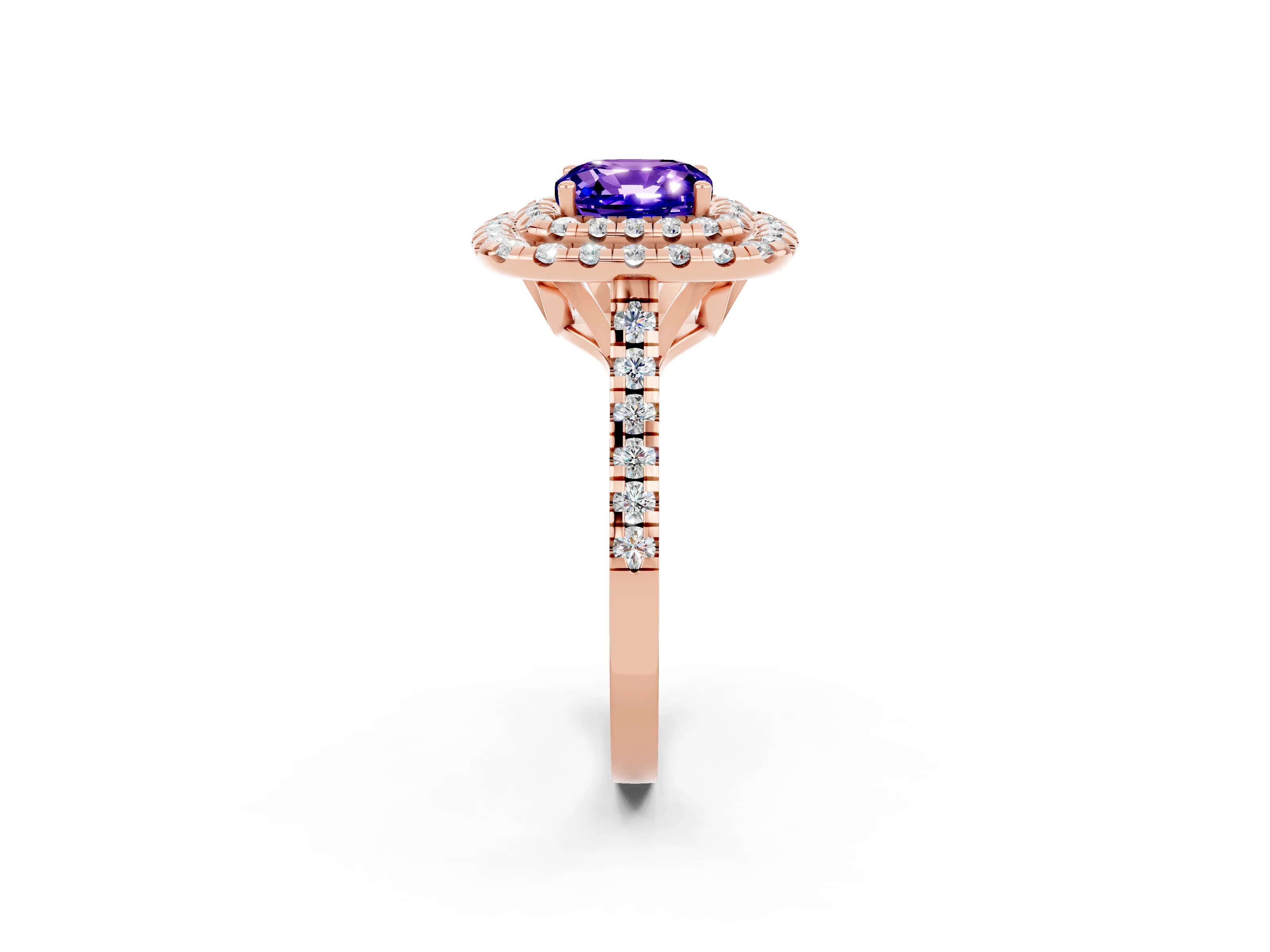 Rose gold Double Halo Cushion Cut Tanzanite Pavé Band with Four-Prong Setting_2