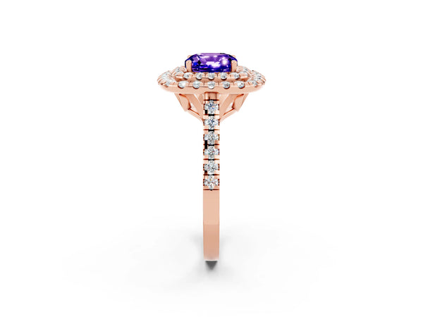 Rose gold Double Halo Cushion Cut Tanzanite Pavé Band with Four-Prong Setting