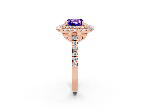 Rose gold Double Halo Cushion Cut Tanzanite Pavé Band with Four-Prong Setting_2