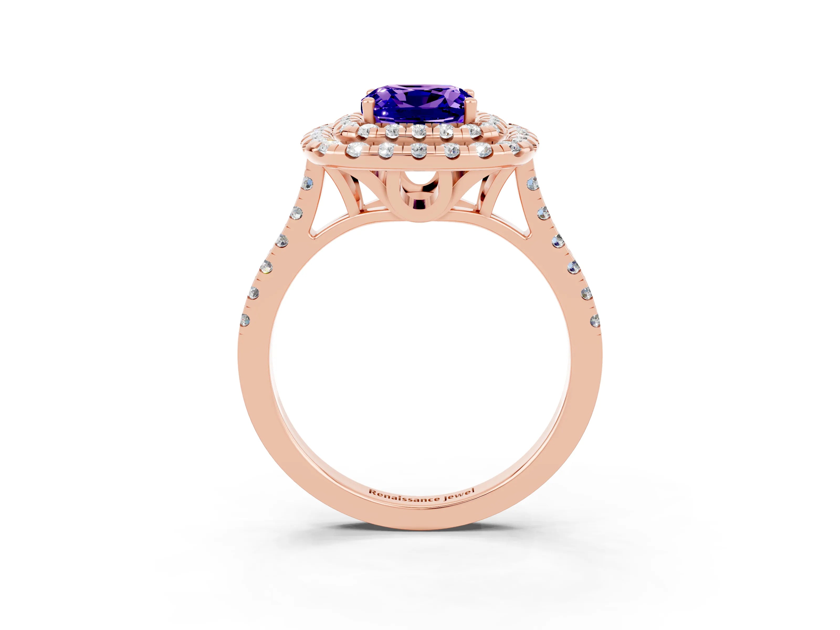 Rose gold Double Halo Cushion Cut Tanzanite Pavé Band with Four-Prong Setting_3