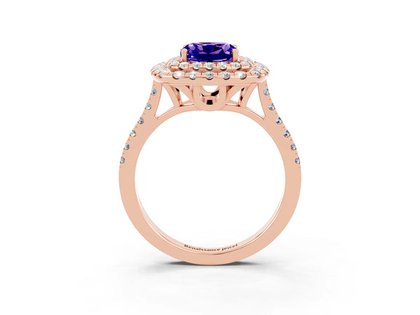 Rose gold Double Halo Cushion Cut Tanzanite Pavé Band with Four-Prong Setting