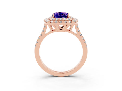 Rose gold Double Halo Cushion Cut Tanzanite Pavé Band with Four-Prong Setting_3