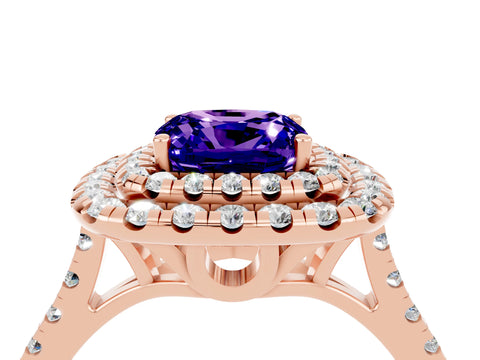 Rose gold Double Halo Cushion Cut Tanzanite Pavé Band with Four-Prong Setting_4