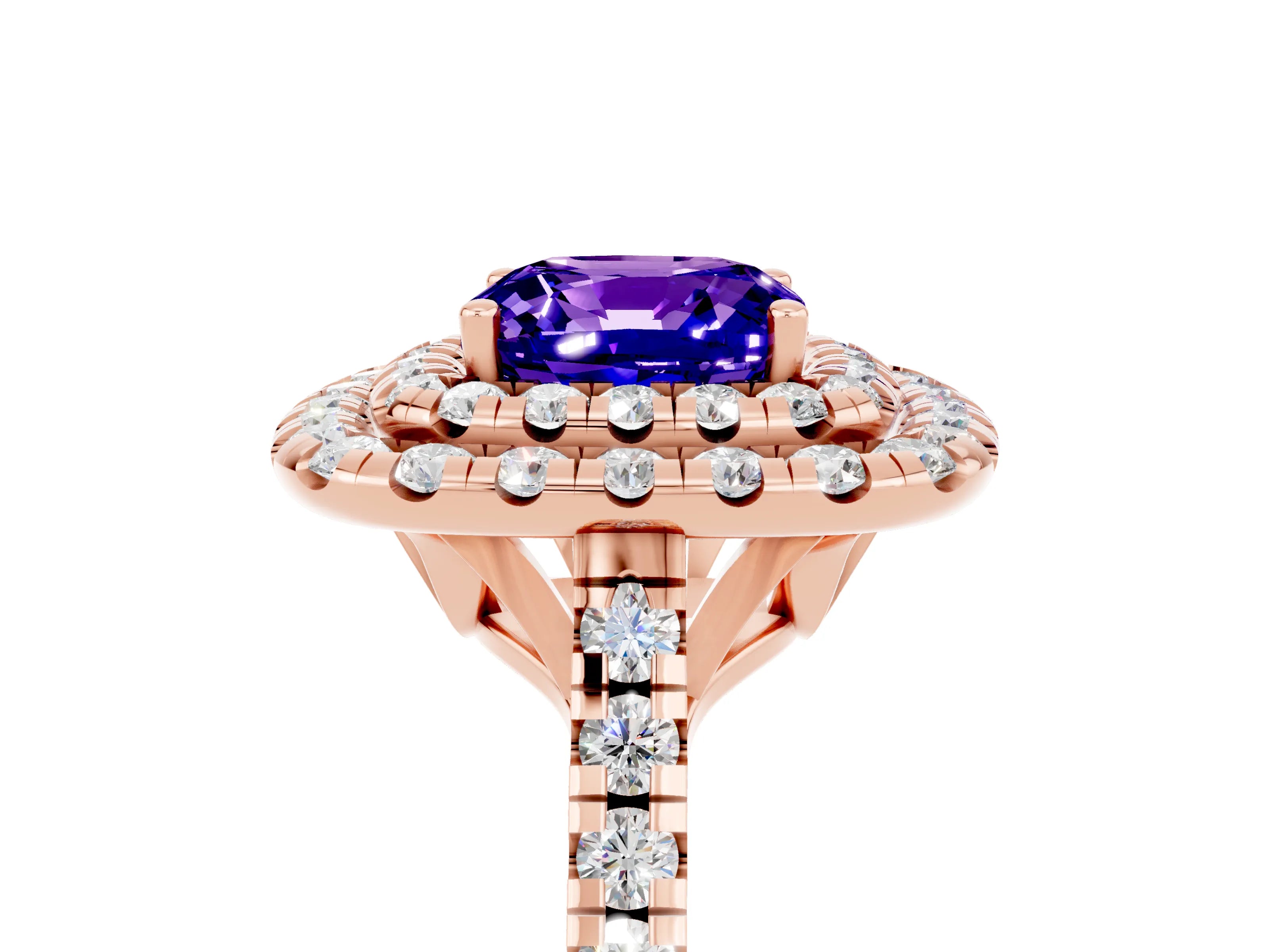 Rose gold Double Halo Cushion Cut Tanzanite Pavé Band with Four-Prong Setting_5