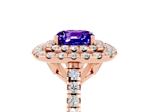 Rose gold Double Halo Cushion Cut Tanzanite Pavé Band with Four-Prong Setting_5