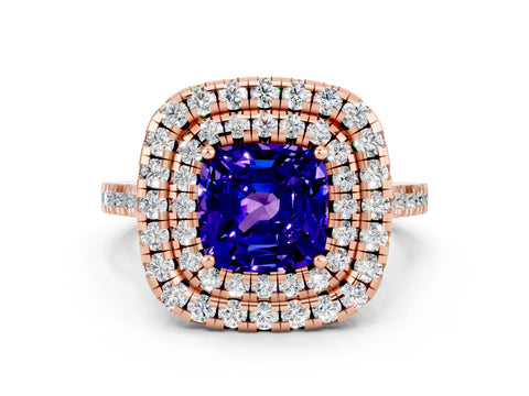 Rose gold Double Halo Cushion Cut Tanzanite Pavé Band with Four-Prong Setting