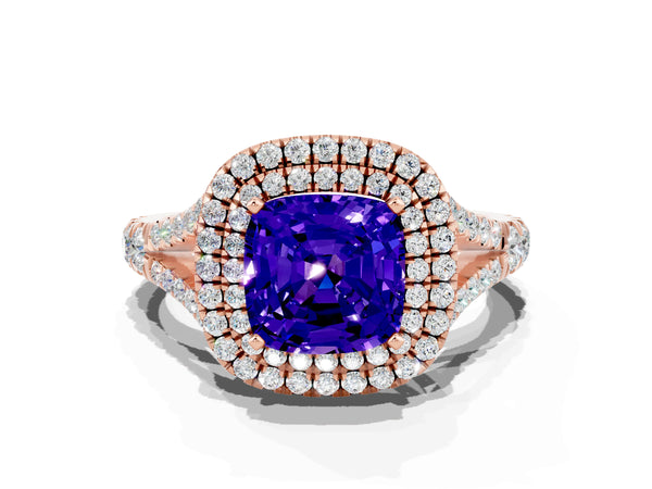 Rose gold Double Halo Cushion Cut Tanzanite Pavé Split Shank Ring with Prong Setting