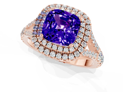 Rose gold Double Halo Cushion Cut Tanzanite Pavé Split Shank Ring with Prong Setting_1