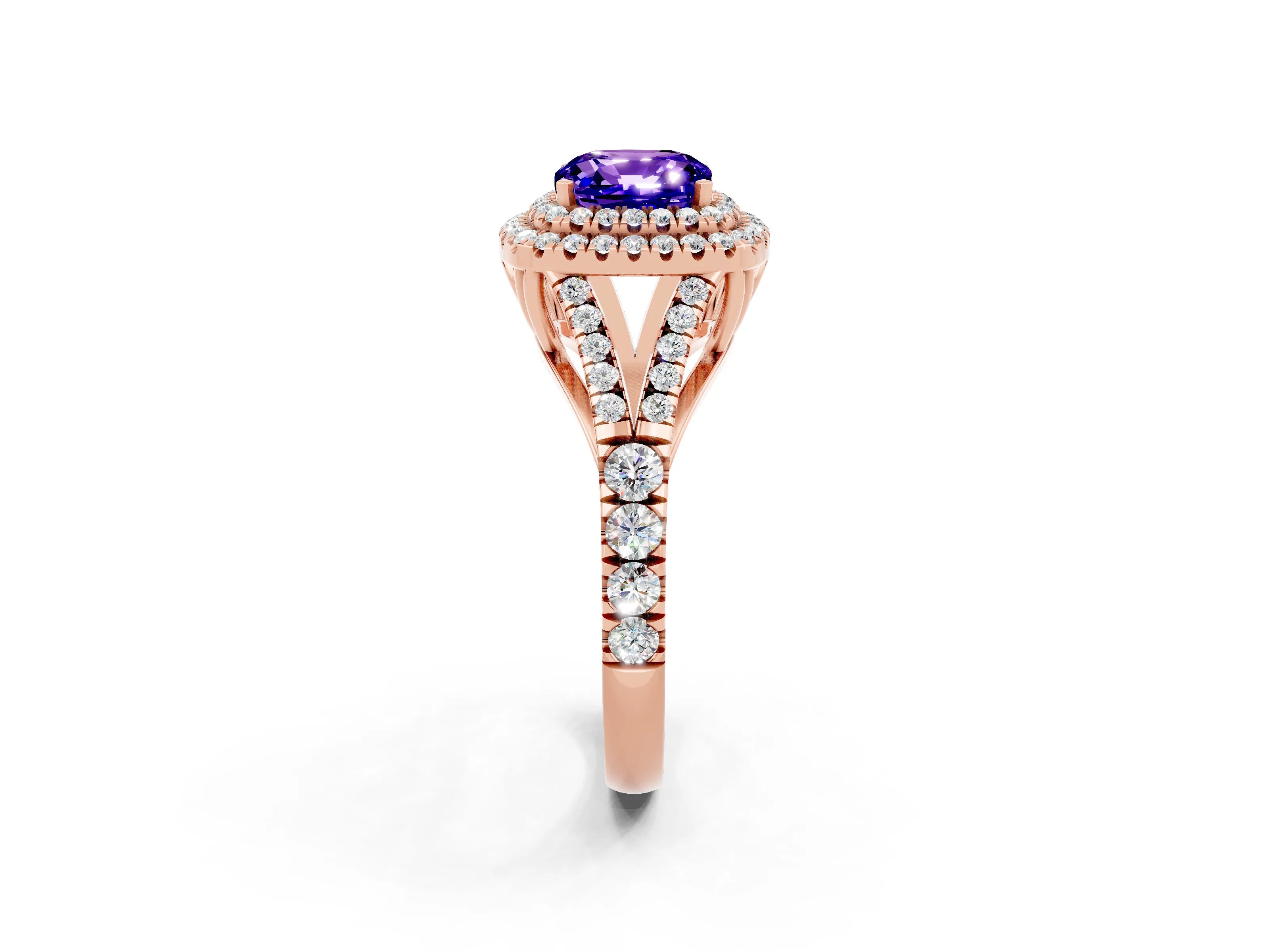 Rose gold Double Halo Cushion Cut Tanzanite Pavé Split Shank Ring with Prong Setting_2
