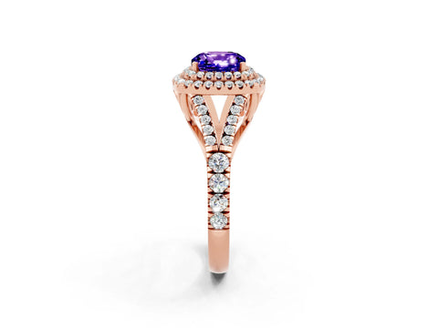 Rose gold Double Halo Cushion Cut Tanzanite Pavé Split Shank Ring with Prong Setting_2