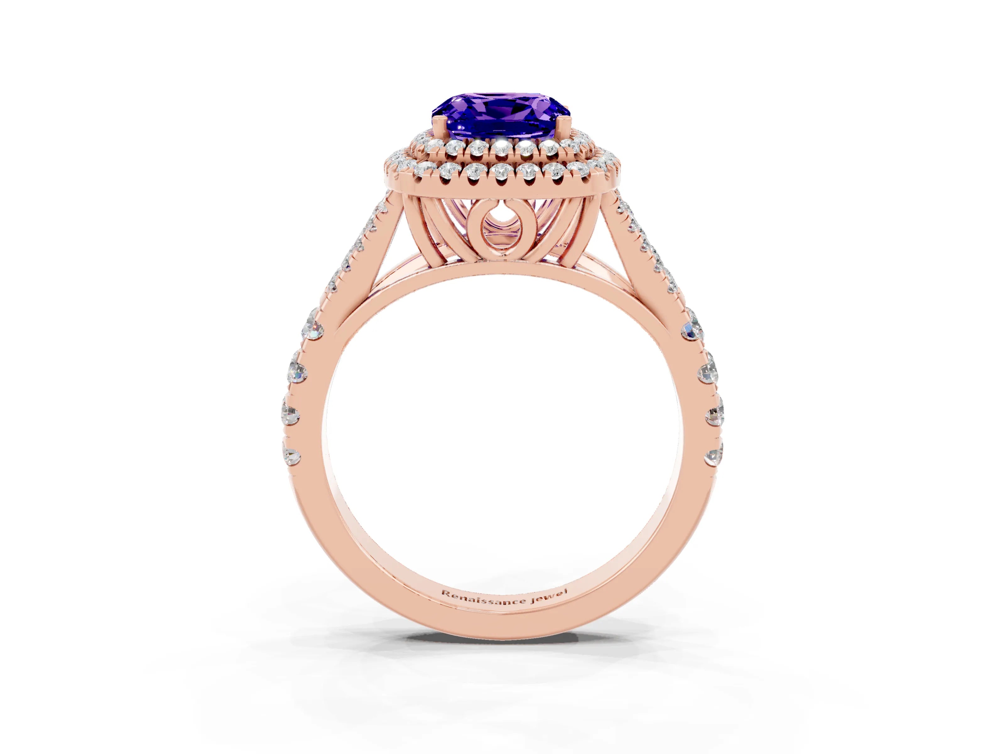 Rose gold Double Halo Cushion Cut Tanzanite Pavé Split Shank Ring with Prong Setting_3