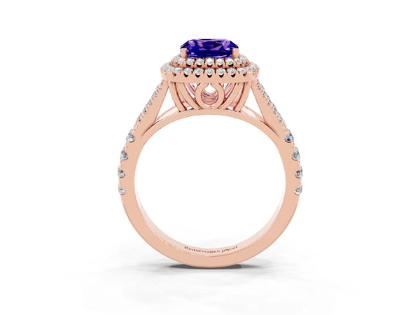 Rose gold Double Halo Cushion Cut Tanzanite Pavé Split Shank Ring with Prong Setting