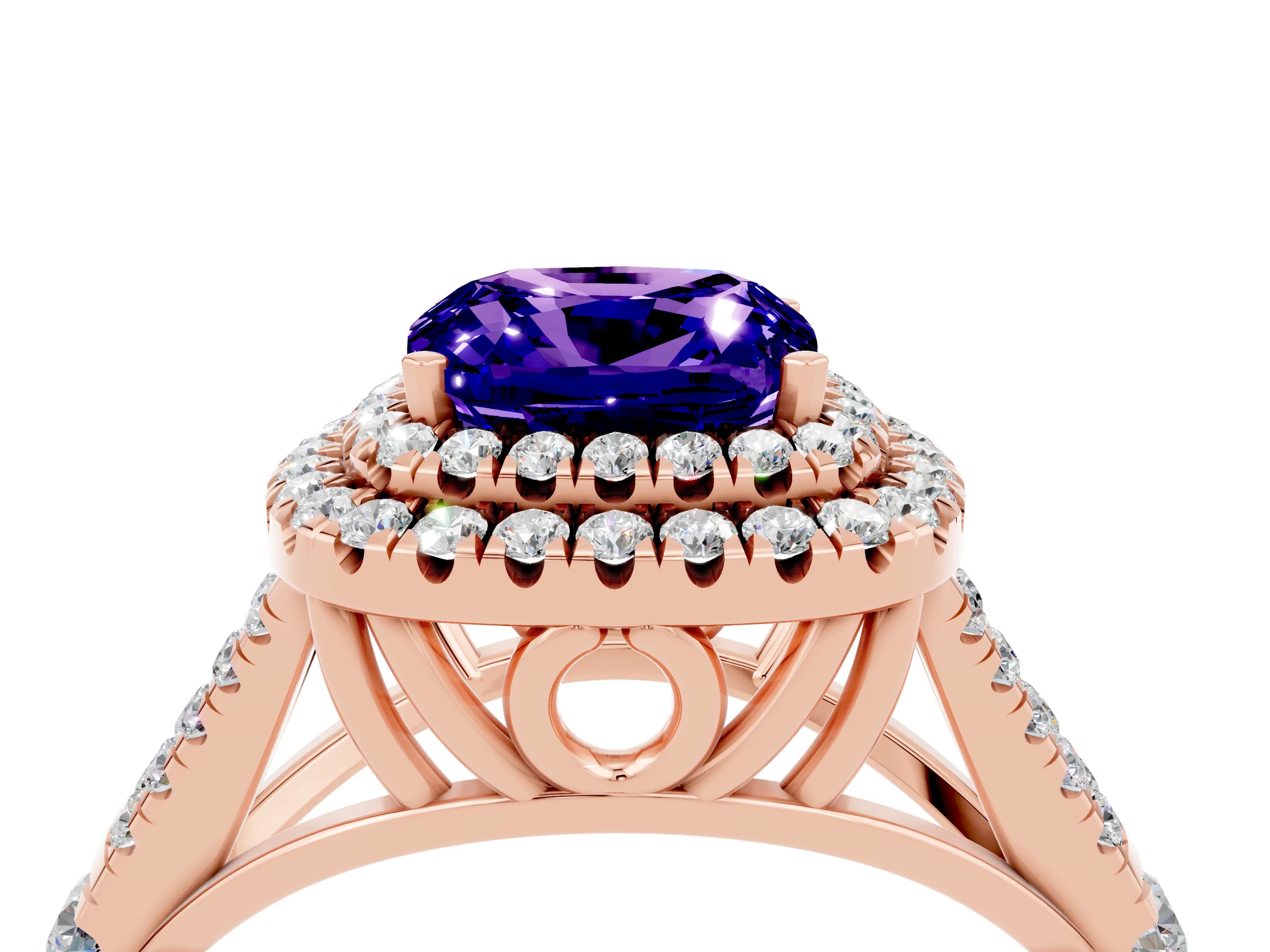 Rose gold Double Halo Cushion Cut Tanzanite Pavé Split Shank Ring with Prong Setting_4