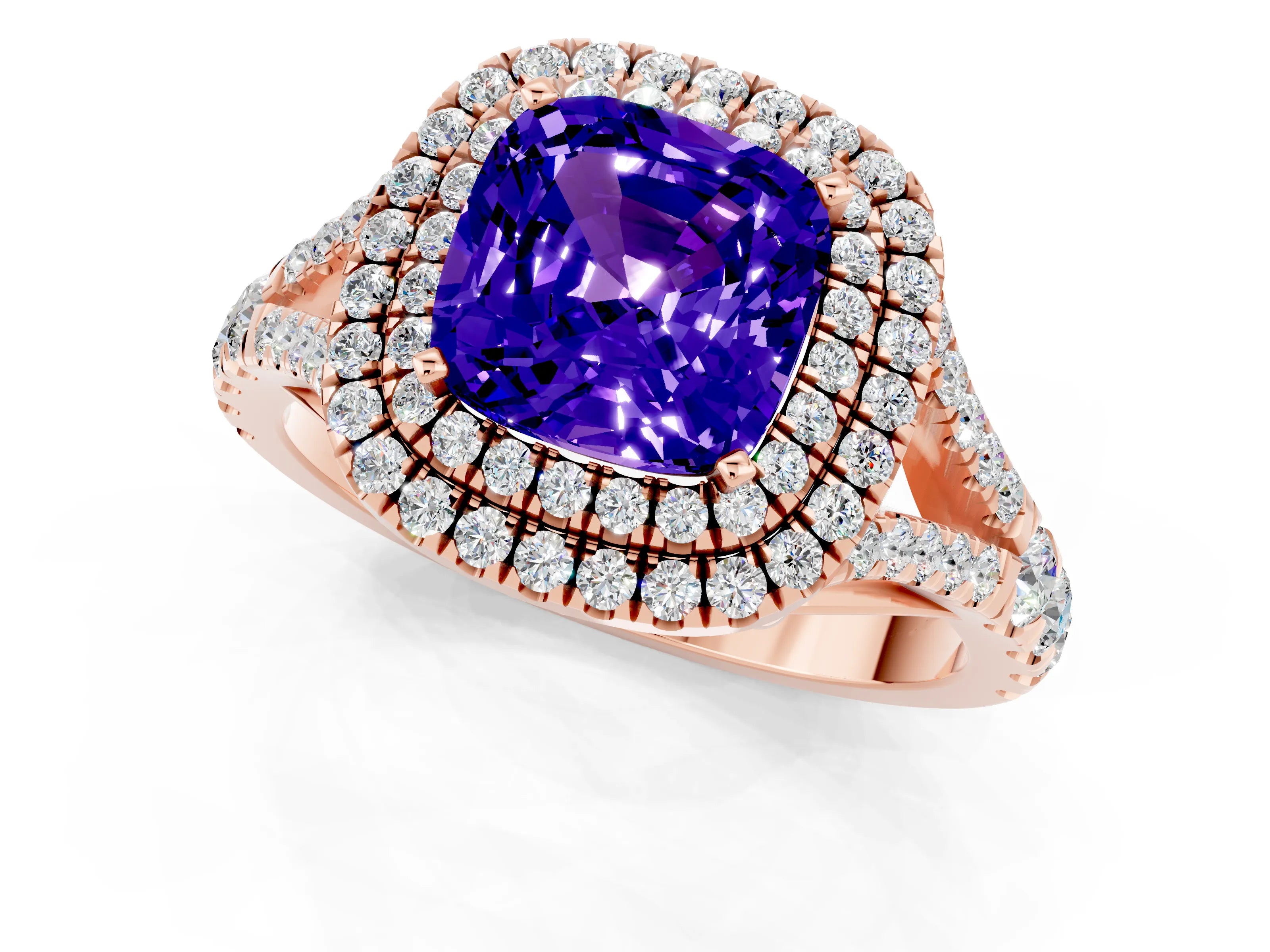 Rose gold Double Halo Cushion Cut Tanzanite Split Shank Engagement Ring with Four-Prong Setting_1