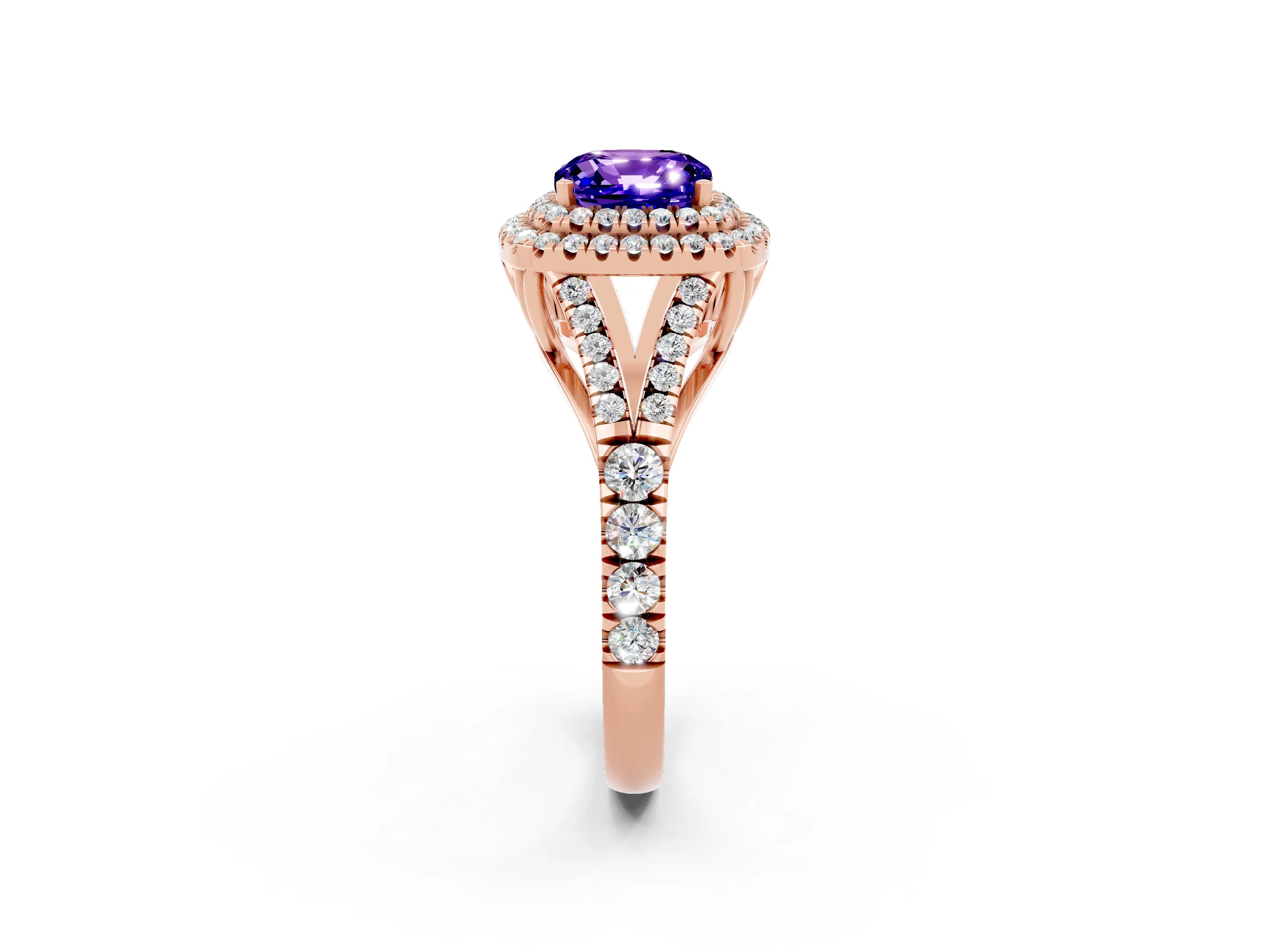 Rose gold Double Halo Cushion Cut Tanzanite Split Shank Engagement Ring with Four-Prong Setting_2