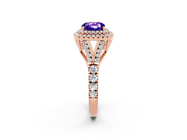 Rose gold Double Halo Cushion Cut Tanzanite Split Shank Engagement Ring with Four-Prong Setting