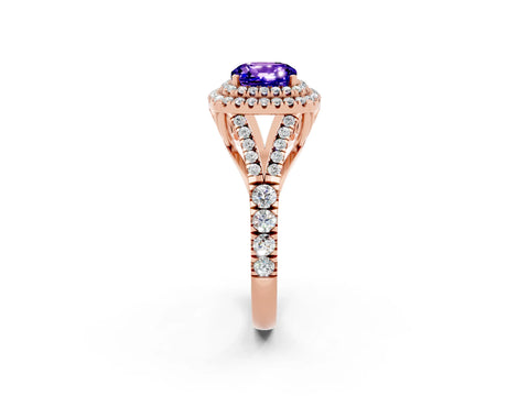 Rose gold Double Halo Cushion Cut Tanzanite Split Shank Engagement Ring with Four-Prong Setting_2