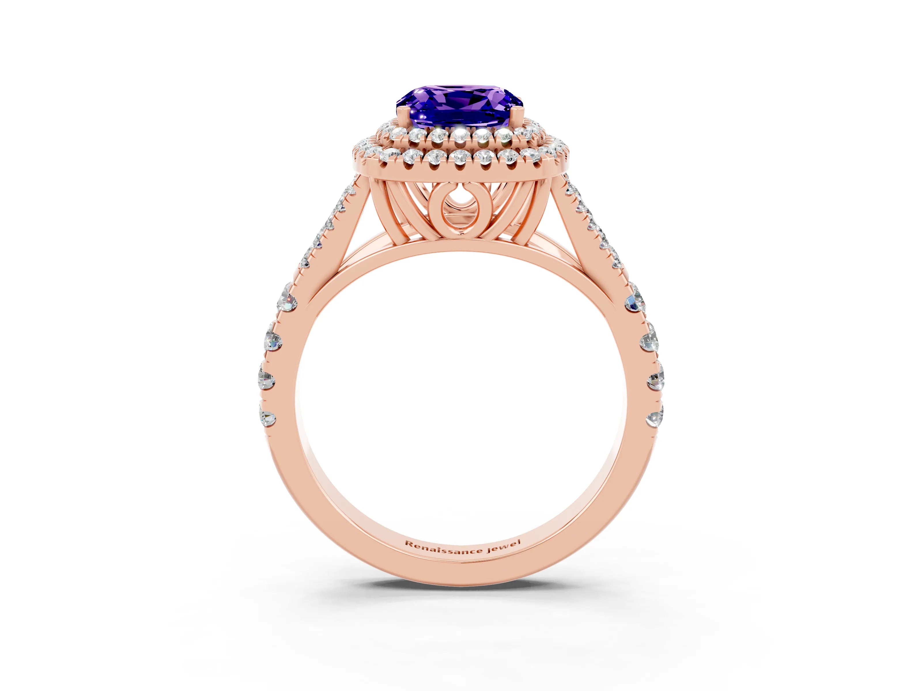 Rose gold Double Halo Cushion Cut Tanzanite Split Shank Engagement Ring with Four-Prong Setting_3