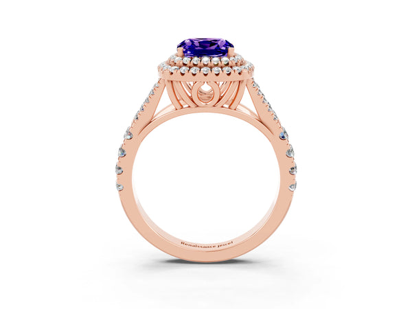 Rose gold Double Halo Cushion Cut Tanzanite Split Shank Engagement Ring with Four-Prong Setting