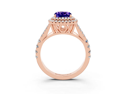 Rose gold Double Halo Cushion Cut Tanzanite Split Shank Engagement Ring with Four-Prong Setting_3