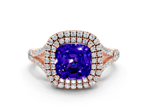 Rose gold Double Halo Cushion Cut Tanzanite Split Shank Engagement Ring with Four-Prong Setting