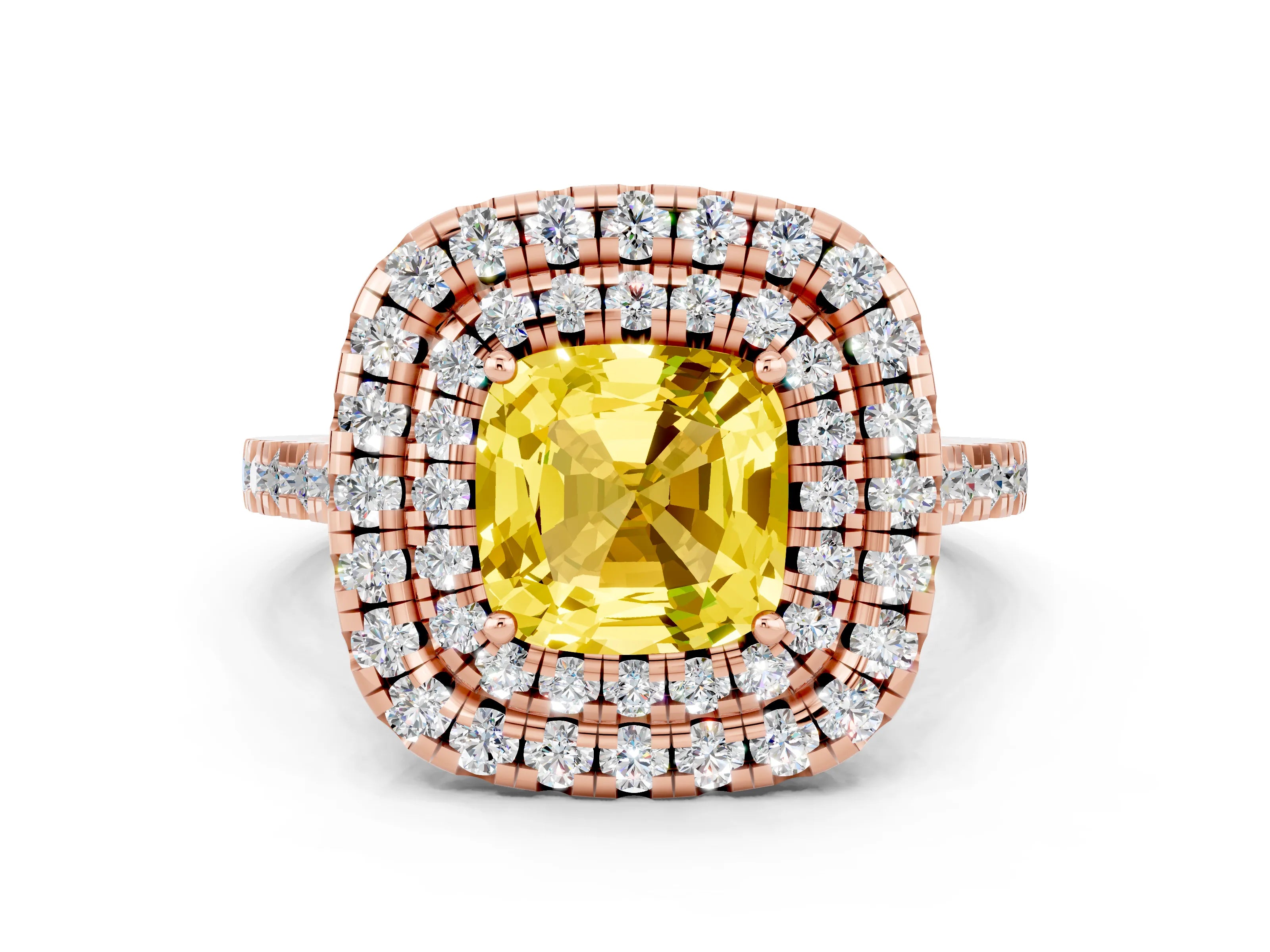 Rose gold Double Halo Cushion Cut Yellow Sapphire Pavé Band with Four-Prong Setting_24